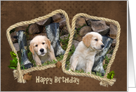 golden retriever puppy photos in rope frame with hunting boots card