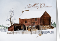 across the miles Christmas watercolor art of rustic barn in winter card