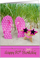 Niece’s 30th Birthday, flip flops with starfish in beach sand card