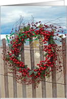 Christmas Berry Wreath with Starfish and Seashells on a Beach Fence card