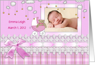 Baby Girl photo card with pink bow and lace ribbon card