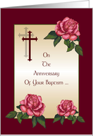Anniversary Of Your Baptism: PInk Roses, Cross: Art card