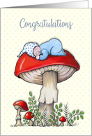 Baby Congratulations Little Boy Sleeping on Bright Red Mushroom card