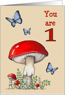 Happy Birthday Turning One with Red Mushroom and Blue Butterlies card