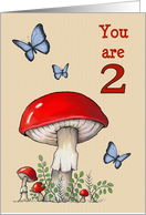 Happy Second Birthday Turning Two Red Mushrooms and Butterflies card