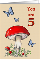 Happy Fifth Birthday Turning Five with Red Mushrooms and Butterflies card