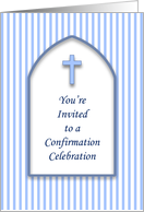Confirmation Invitation with Blue and White Stripes and Blue Cross card