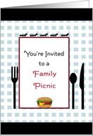 Family Picnic Invitation Card-Ants, Hamburger, Fork, Knife & Spoon card