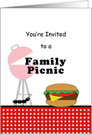Family Picnic Barbeque Grilling Invitation with Hamburger, Ant and Grill card