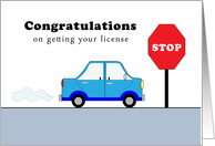 Getting Your License Greeting Card-Blue Car-Red Stop Sign-Congrats card