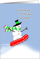 For Grandson Christmas Greeting Card-Snowboarding Snowman-Sports card