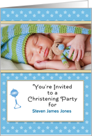Christening Party Invitation For Boy-Customizable Photo Card-Rattle card
