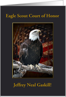 Eagle Scout Court of Honor, Custom Text, Eagle on Log with Flag card