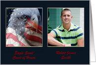 Eagle Close up with American Flag, Eagle Scout Award, Photo Card 2 card