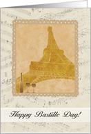 Happy Bastille Day, Eiffel Towel, Glasses and Bottle on Music Notes card