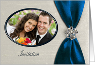 Wedding Photo Card Invitation, Royal Blue Satin Ribbon with Jewel card