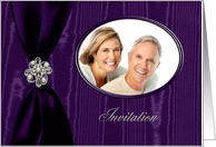 Wedding Invitation Photo Card, Purple Ribbon Look with Jewel on Moire card