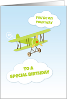 Green Airplane, Clouds, Birthday Greeting card