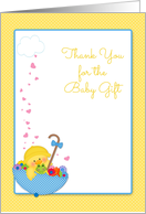 Yellow Duck, Umbrella, Hearts, Baby Gift Thank You card