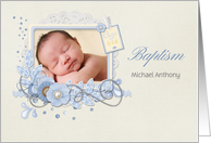 Blue and Cream Scrap Style Baptism Photo Invitation card