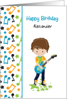 Guitar Playing Young Boy, Musical Notes, Birthday, Customize Name card