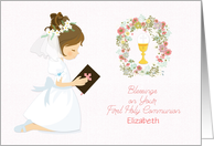 Congratulations First Communion Brunette Girl Gold Chalice Personalize card