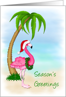 Pink Flamingo, Palm Tree, Season’s Greetings card