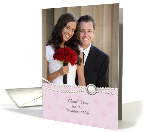 White Pearls, Jewel, Pink Floral, Wedding Gift Thank You Photo card