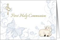 First Holy Communion, Lamb, Cross, Butterfly Blue Floral card
