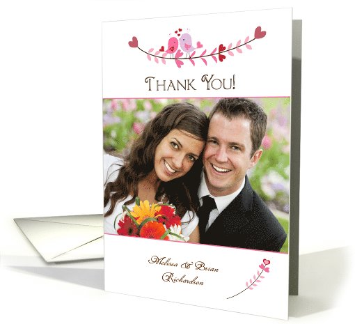 Pink Love Birds and Hearts, Wedding Thank You, Photo card (945505)
