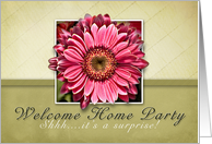 Welcome Home Party, Surprise Party Invitation- Pink Flower on Green and Tan Background card