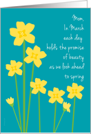 Mom March Birthday Yellow Daffodils on Aquamarine Background card