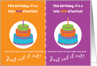 Funny Birthday for Twins to Share Just Cut it Out Purple and Orange card