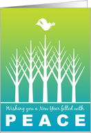 Happy New Year Filled with Peace Trees Dove and Olive Branch on Blue card
