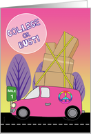 Away to College in a Pink Van Packed with Boxes on Road to University card