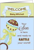 For your Son, Welcome Baby Boy - Custom Name Rattle card