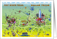 Dallas Fort Worth Texas Cartoon Map card