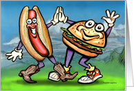 Outdoor Picnic Dancing Hot Dog and Hamburger card