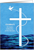 Minister Ordination Invitation with White Dove and Cross Over Water card