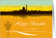 Baisakhi for Parents, India, Cityscape Silhouette with Wheat & Ribbon card