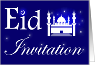 Eid Invitation, White Mosque with Stars on Blue Background card