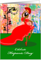 Hispanic Day, Flamenco Dancer in Red Dress, Black Iron Lamp card