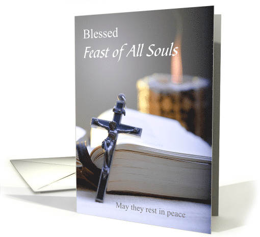 Feast of All Souls with Crucifix on Bible and Lit Candle card