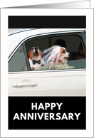 Funny Wedding Anniversary with Corgi Dog Bride and Groom in Car card