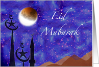 Eid Mubarak with Stars and Crescent Moon Over Minarets card