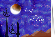 Eid al Fitr Ramadan Crescent Moon and Minarets with Sand Dunes card