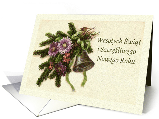 Polish Christmas Vintage Greens With Bell and Flowers Arrangement card
