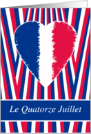 Bastille Day in French Le Quatorze Juillet with Heart and Stripes card