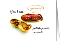 Happy Cousins day, two peanuts in a shell with smiling face card