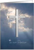 Thank you Pastor - Eulogy - Silver Cross in the Sky with Light Rays card